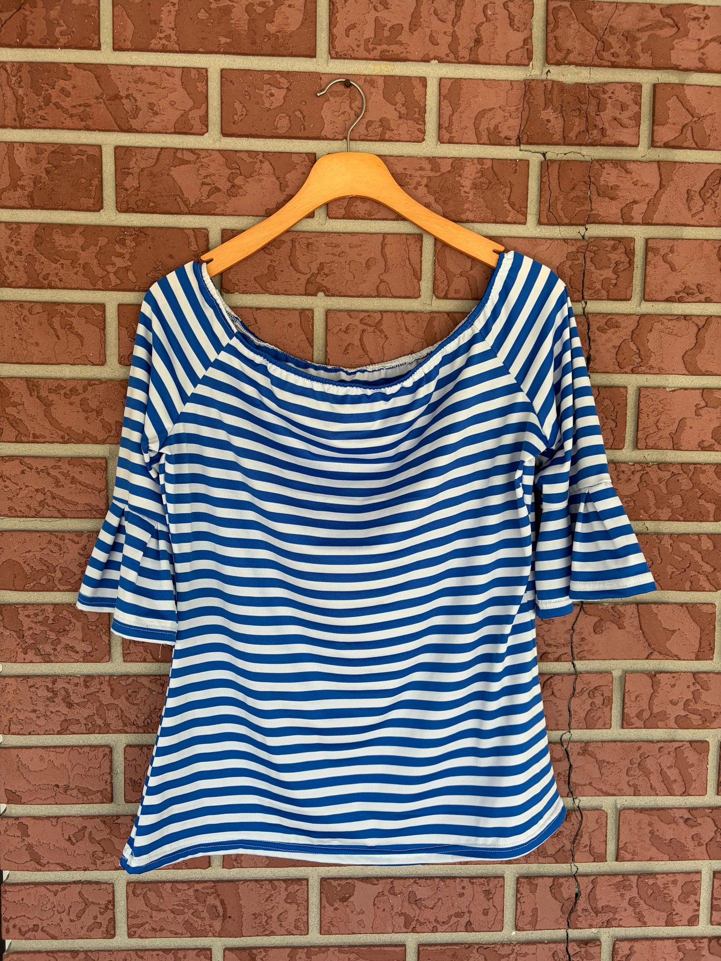Blue nautical striped ruffle sleeves top