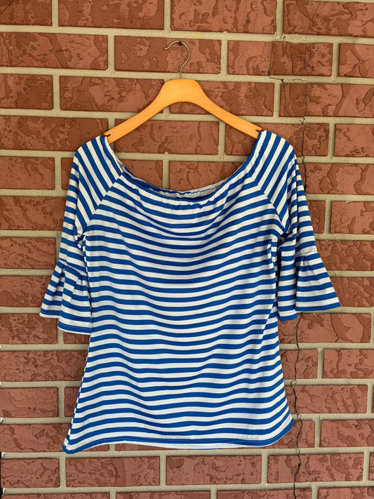 Blue nautical striped ruffle sleeves top