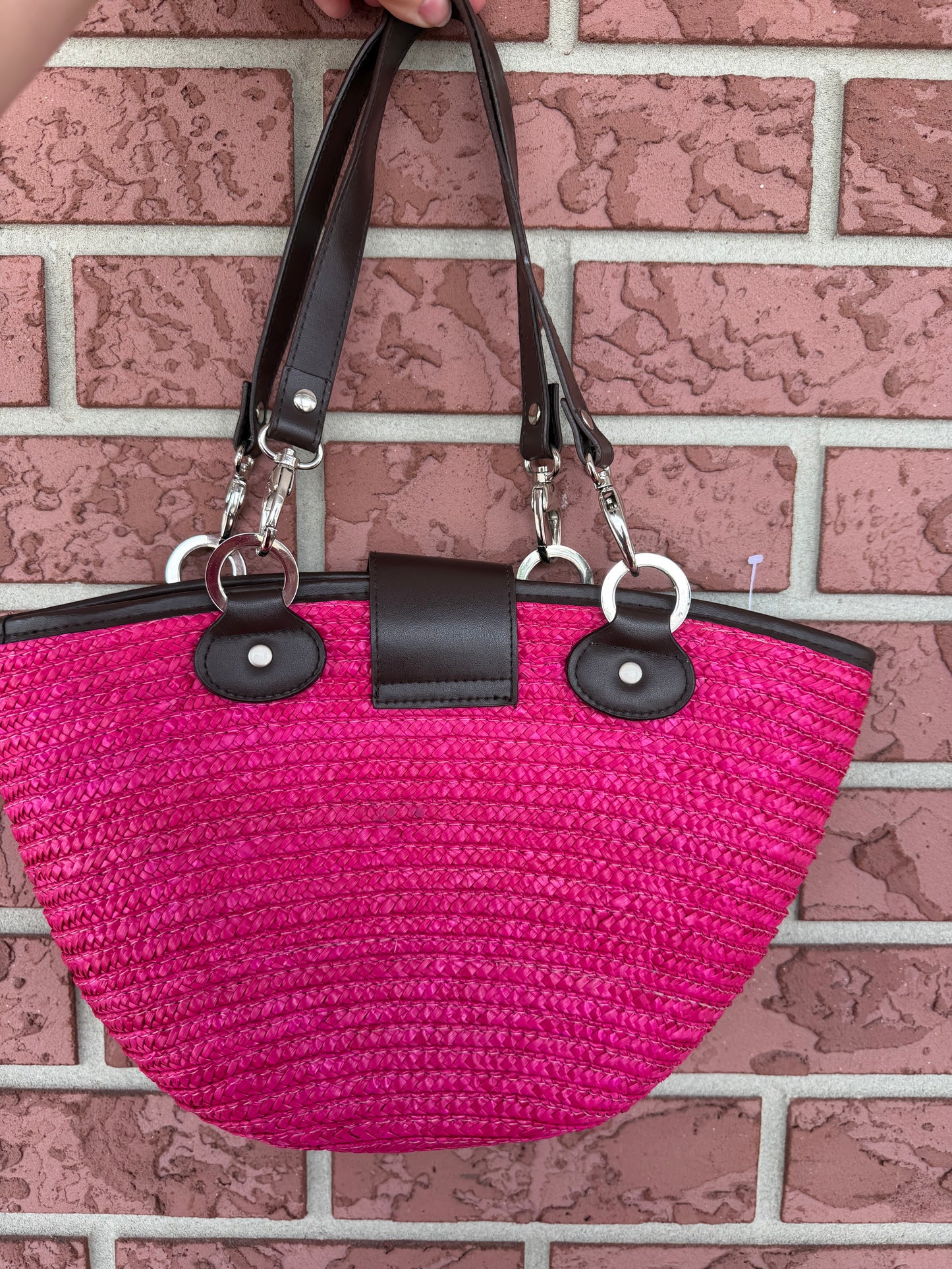 9902 Sun and Sand Hot Pink Straw Tote with Black  Accents