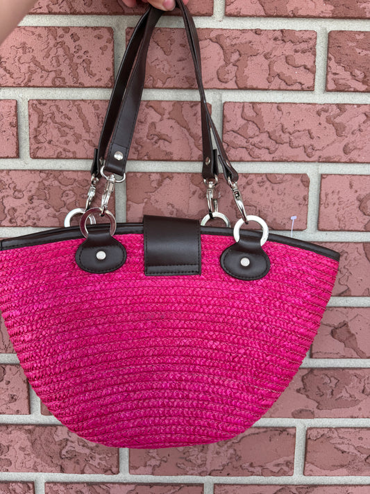 9902 Sun and Sand Hot Pink Straw Tote with Black Accents