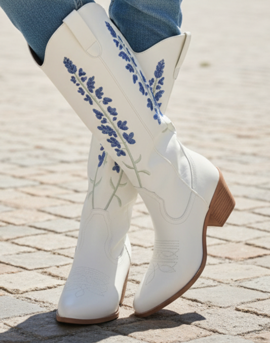 White Floral Boots