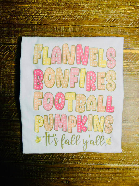 Flannels Bonfires Football and Pumpkins tee