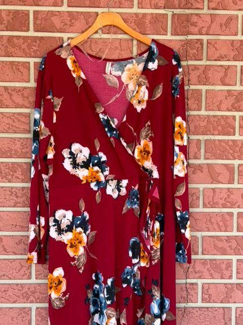 Emerald red floral high low maxi dress
