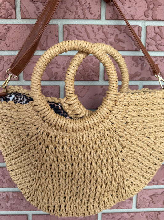 9903 Round-Handle Woven Straw Tote Bag in Natural Tan