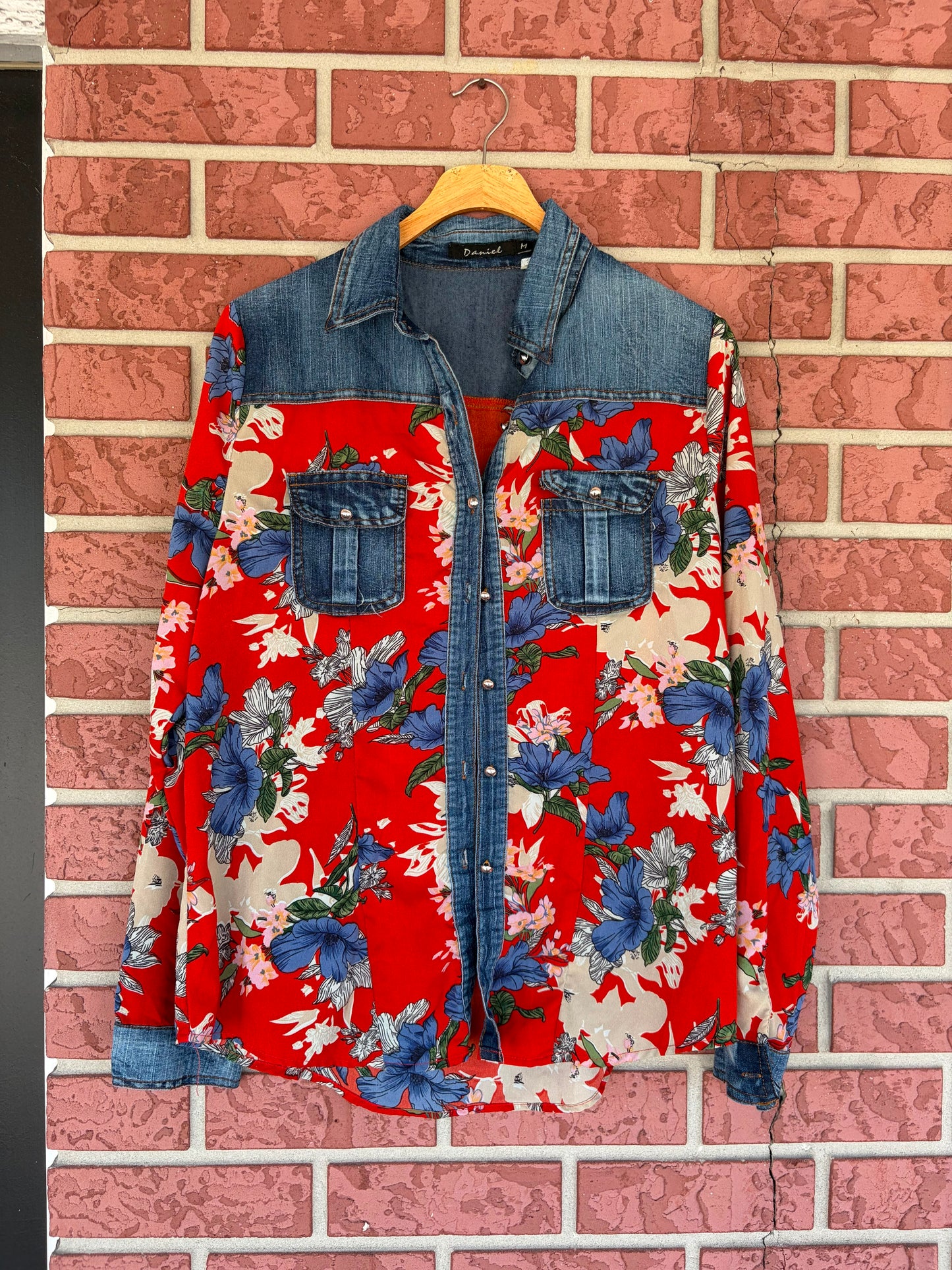 Daniel red and denim floral button up