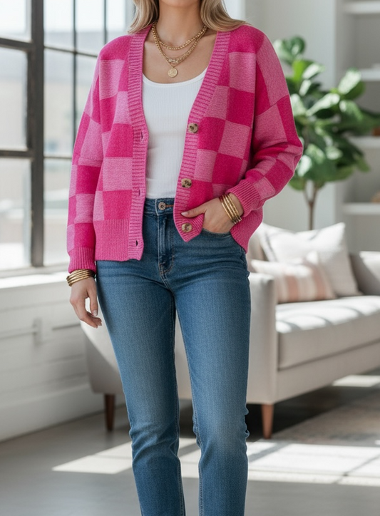 Hot pink checkered sweater cardigan