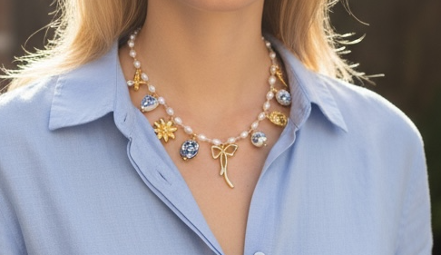 Bow and blue ceramic necklace