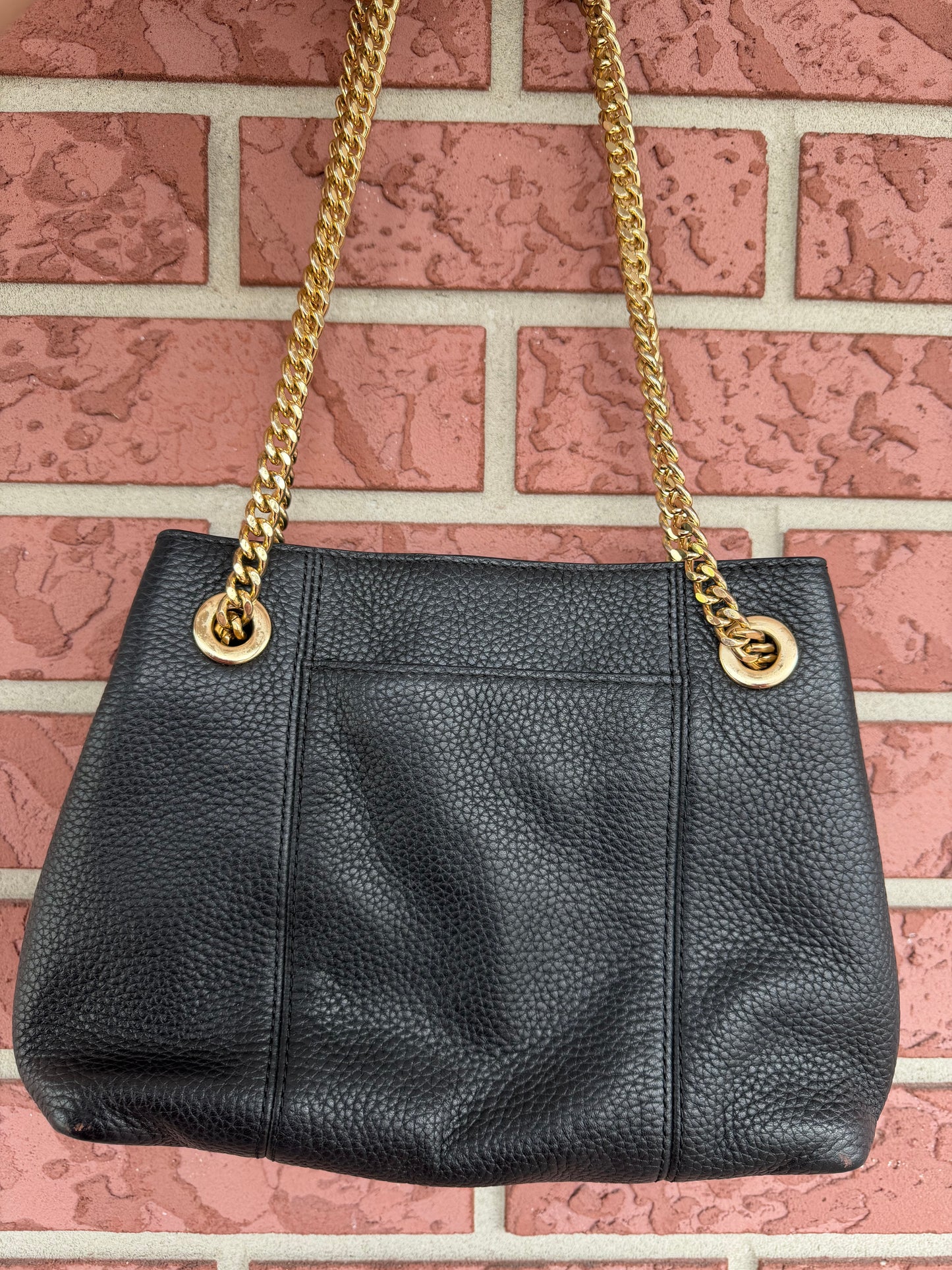 12227 Michael Kors Black Pebbled Leather Shoulder Bag with Gold Chain