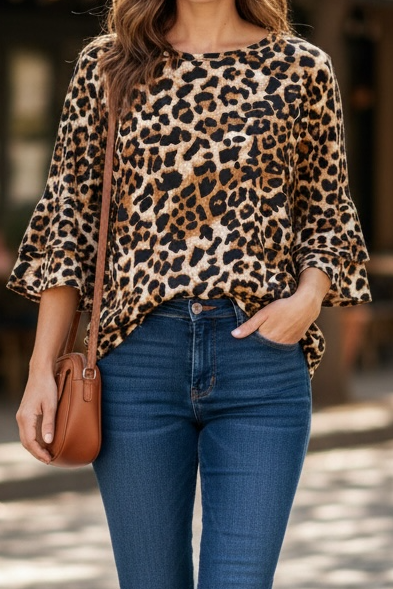 Cheetah ruffle sleeves top