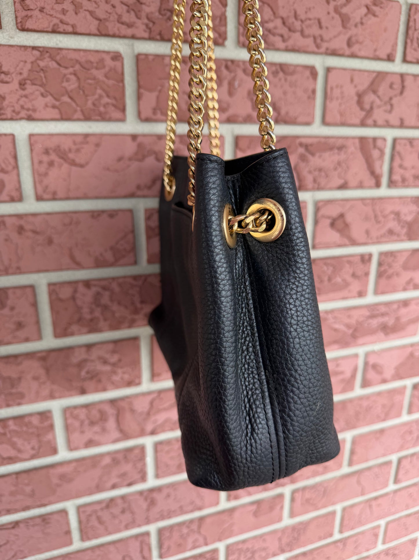 12227 Michael Kors Black Pebbled Leather Shoulder Bag with Gold Chain