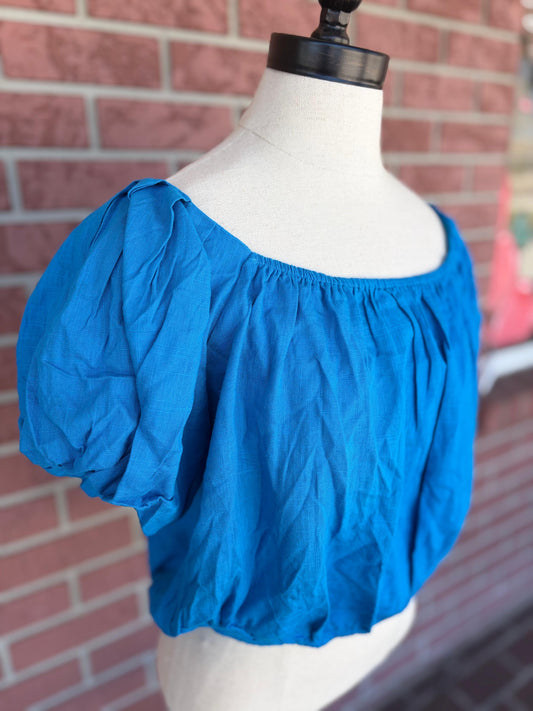 Blue puff sleeve crop top