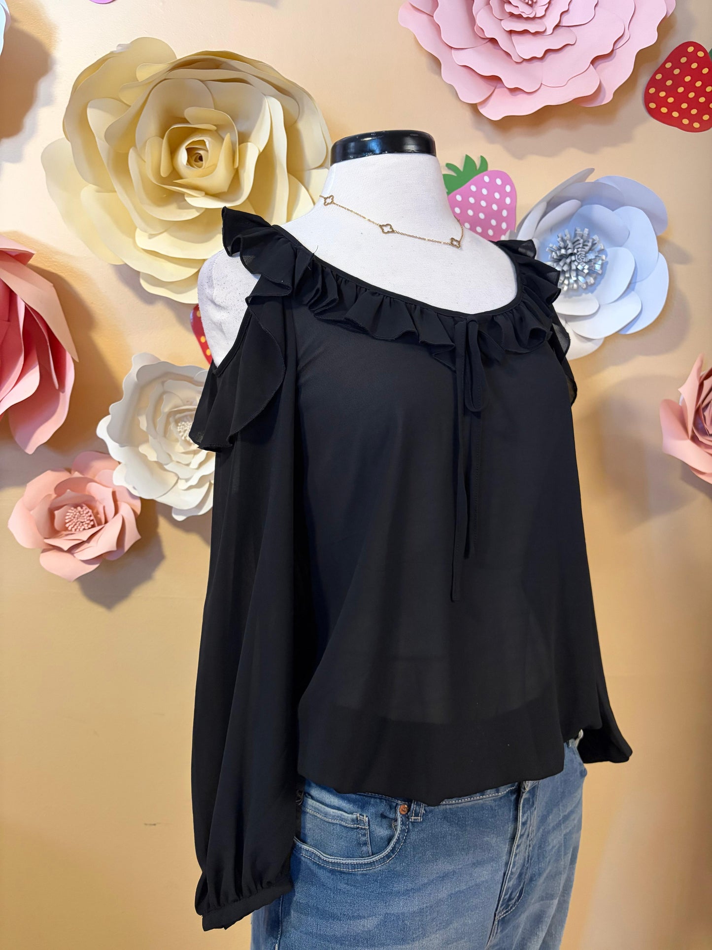 Black sheet ruffle top
