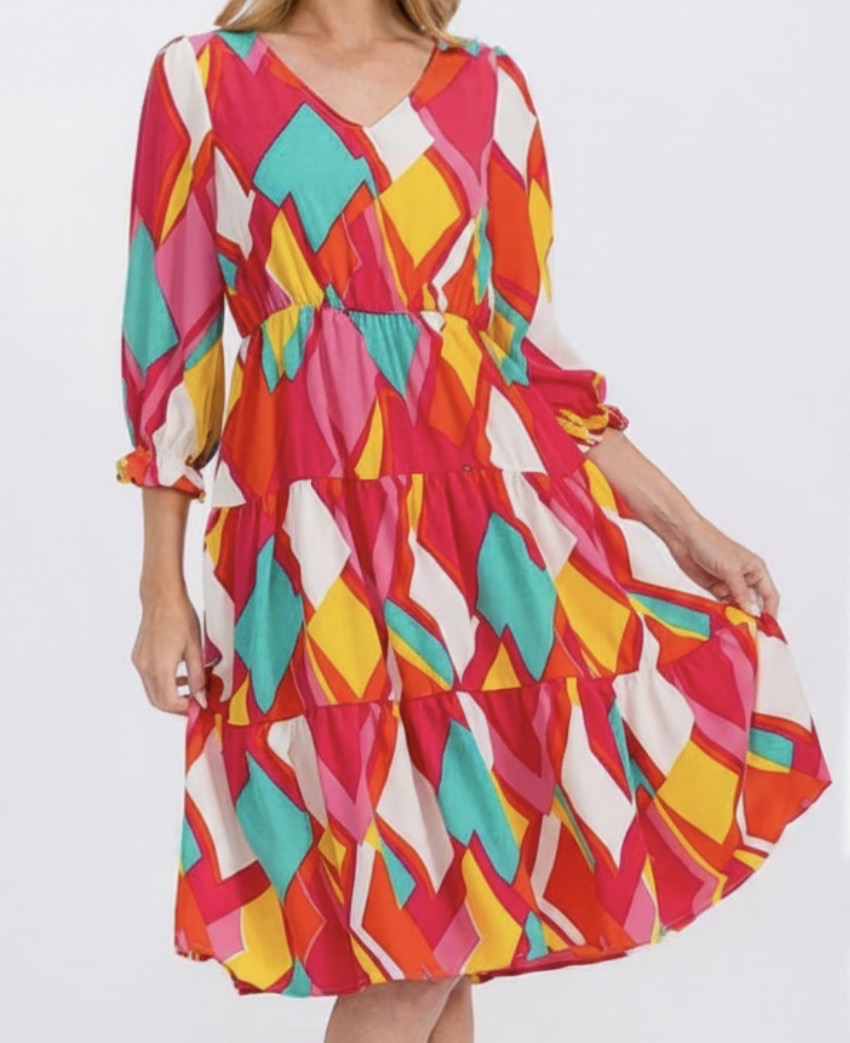 Geo pink red summer 3/4 sleeve dress