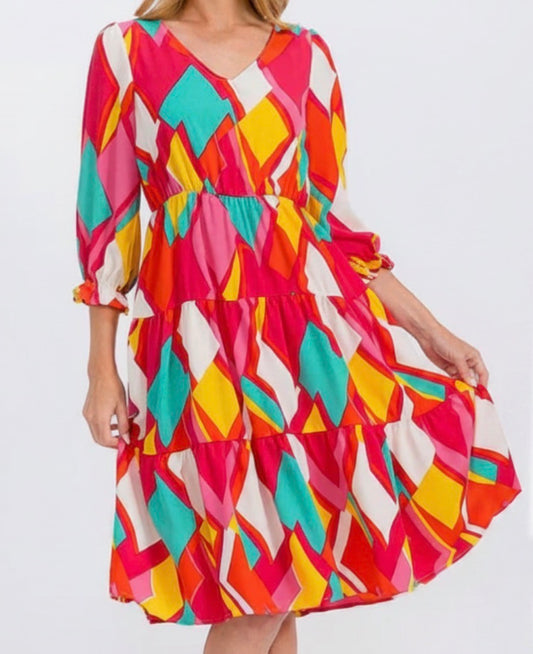 Geo pink red summer 3/4 sleeve dress