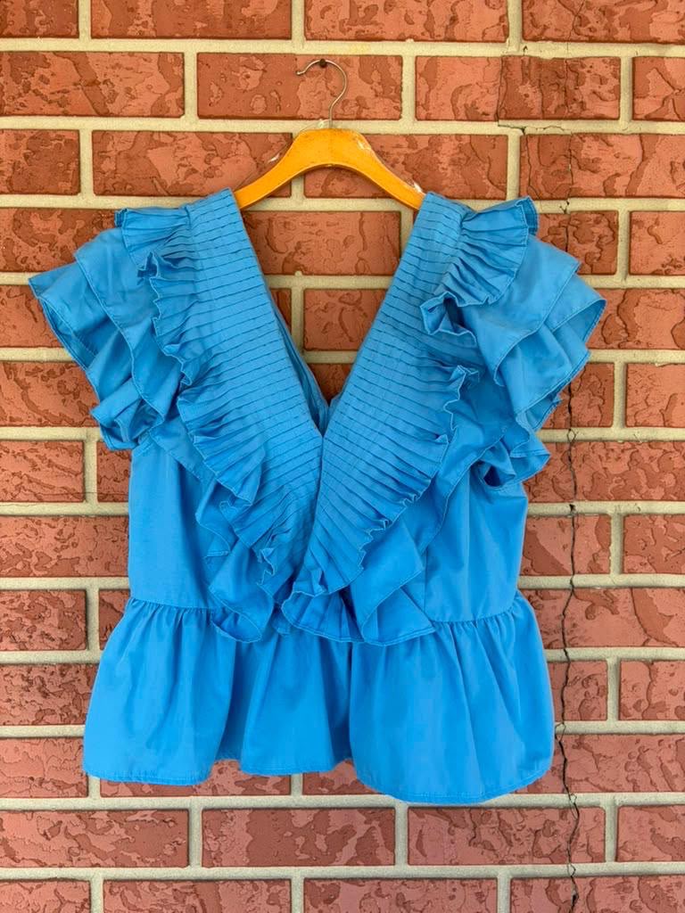 Entro Blue V-neck Ruffle Top