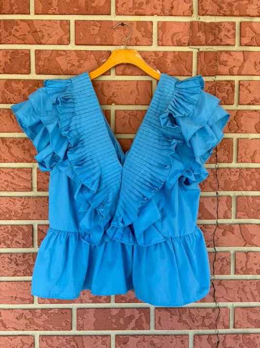 Entro Blue V-neck Ruffle Top