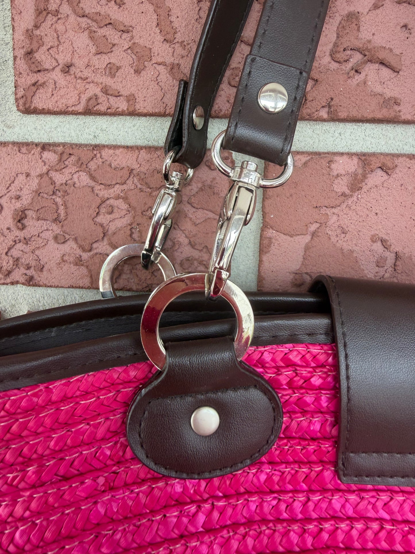 9902 Sun and Sand Hot Pink Straw Tote with Black  Accents