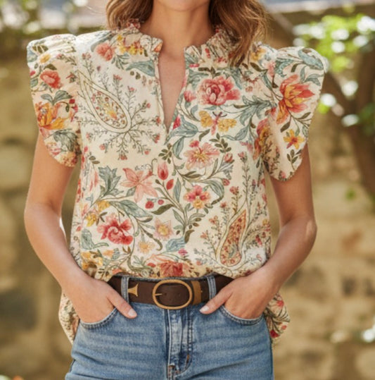 Golden floral ruffle sleeve top