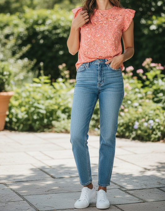 Pink floral ruffle sleeve  Top